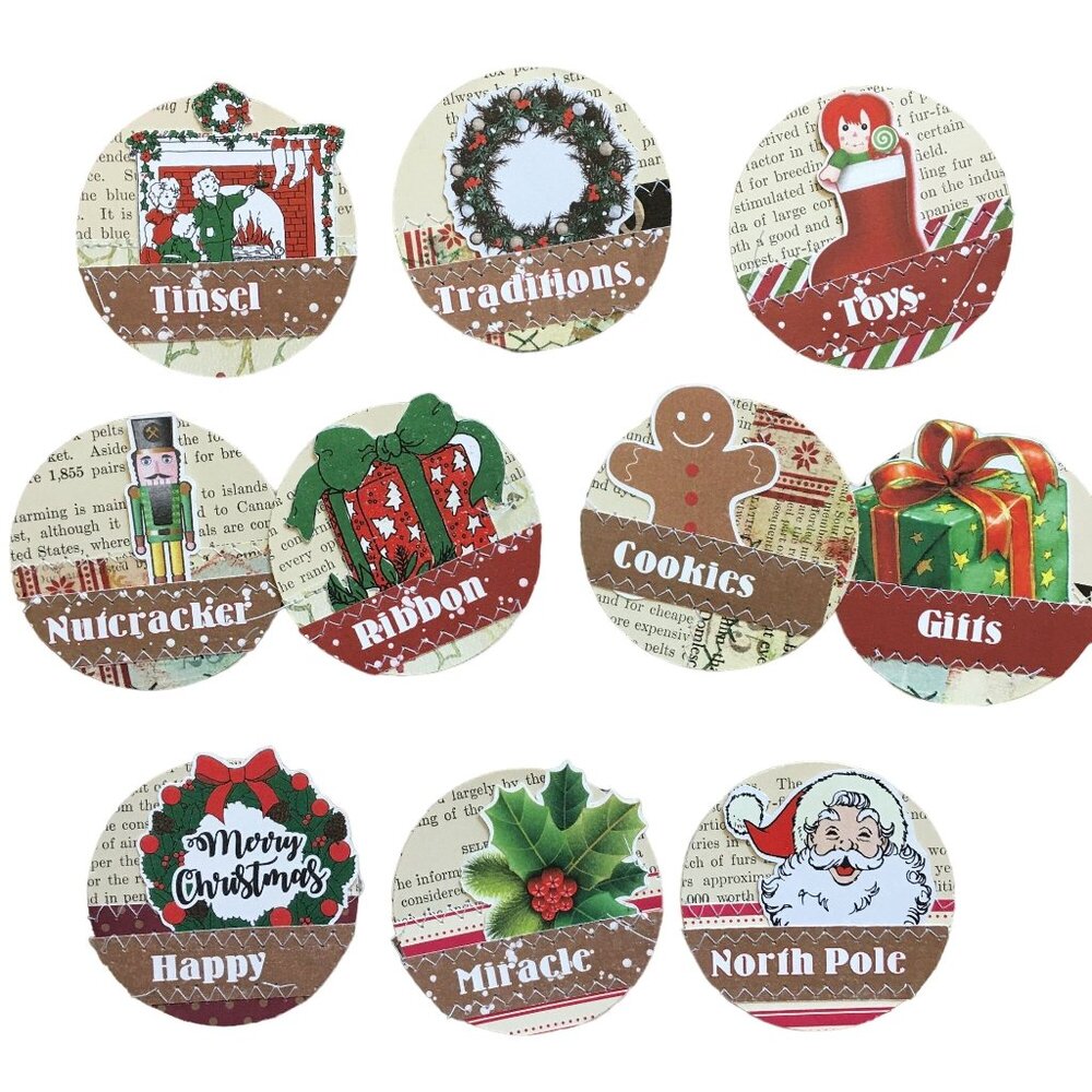 10 Christmas Junk Journal Ephemera Handmade Sewn Scrapbooking Embellishments mq